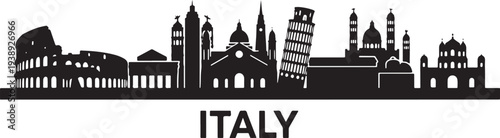Iconic Italian landmarks in black silhouette on white background