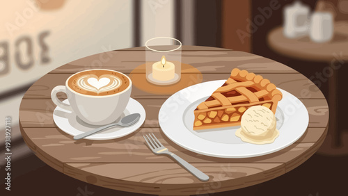 Cozy Cafe Scene: Slice of Apple Pie, Latte Art Coffee, Vanilla Ice Cream, Candle Light