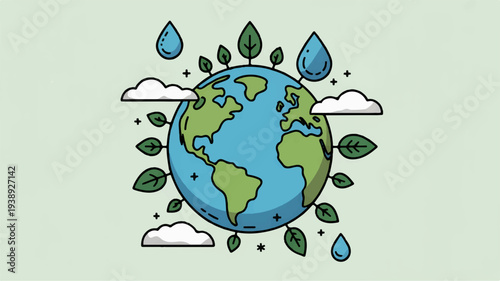 Earth surrounded by leaves raindrops and clouds on a green background symbolizing eco friendly environment and sustainability