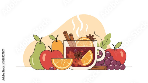 Cozy Winter Drink: Mulled Wine with Fruits and Spices - Flat Illustration