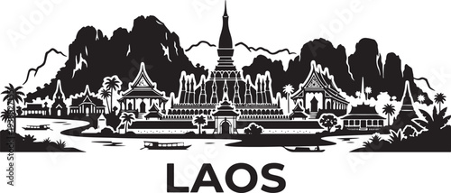 Stunning black and white illustration of Laos temple and mountain landscape