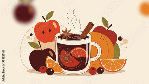Cozy Mulled Wine with Fruits and Spices, Autumn Harvest Illustration