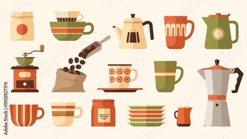 Coffee Collection: Mugs, Pots, Grinder, Beans, and Bags