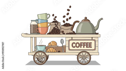 Coffee Cart with Beans, Cups, and Pastries - Vintage Style Illustration