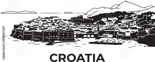 Stunning black and white illustration of Croatia's historic coastal cityscape