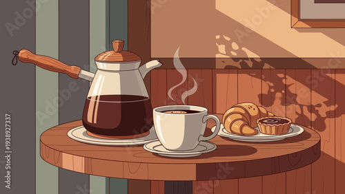Cozy Cafe Morning: Coffee Pot, Croissant, and Tart with Sunlight Shadows