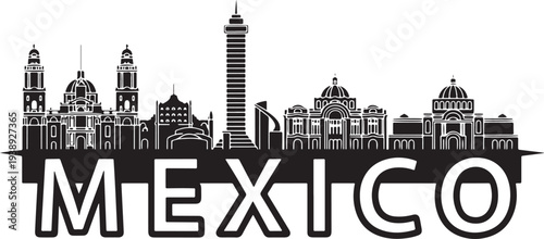 Mexico city skyline with iconic buildings and MEXICO text