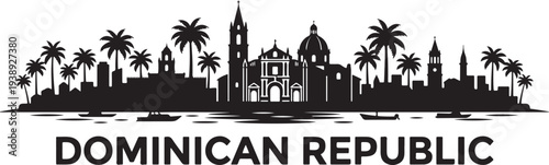 Black silhouette of Dominican Republic cityscape with palm trees