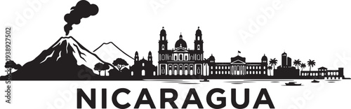 Nicaragua cityscape with volcano and historic buildings