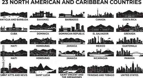 North American and Caribbean country skylines in black and white