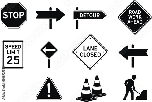 Black and white traffic sign silhouette vector set with road work ahead stop detour lane closed and construction safety icons