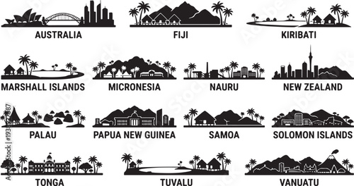 Black silhouettes of iconic landmarks and landscapes from Pacific nations