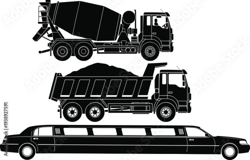 Black and white silhouette set of heavy industrial vehicles including a cement mixer and dump truck alongside a luxury long limousine