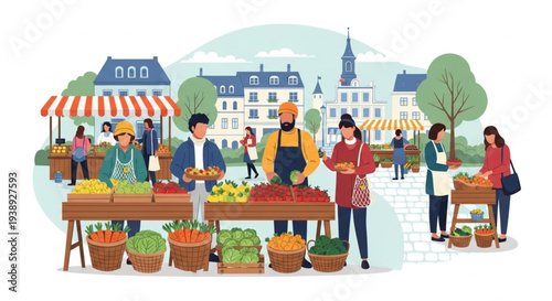 Traditional European Outdoor Food Market With Farmers Selling Fresh Produce In Town Square Vector Illustration