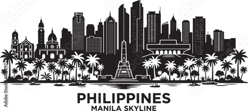 Manila cityscape with palm trees and boats in Philippines