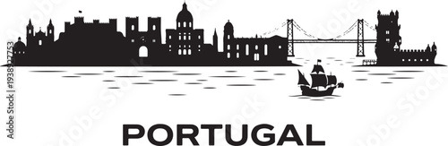 Portugal skyline with historic buildings and sailing ship