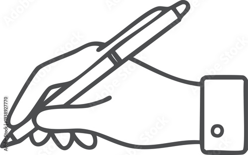  Minimalist line icon of a hand holding a pen and writing, note-taking or signature gesture, 