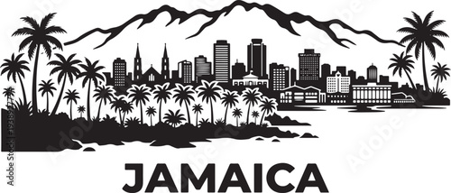 Vibrant Jamaican cityscape with palm trees and mountains