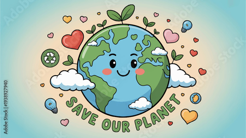 Smiling earth with leaves and eco friendly icons save our planet concept with green and blue gradient background