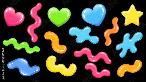 Colorful Gummy Candies Shapes: Hearts, Stars, Wavy Worms, and Blobs