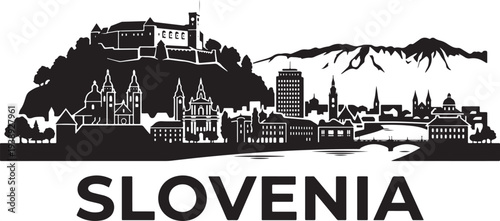 Stunning black and white illustration of Slovenia cityscape with castle and mountains