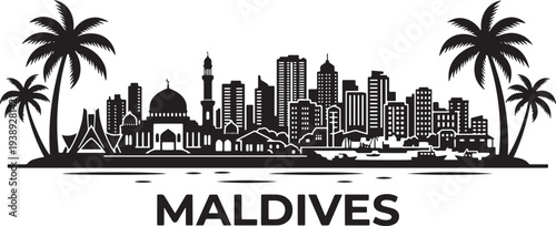 Maldives cityscape with palm trees and mosque
