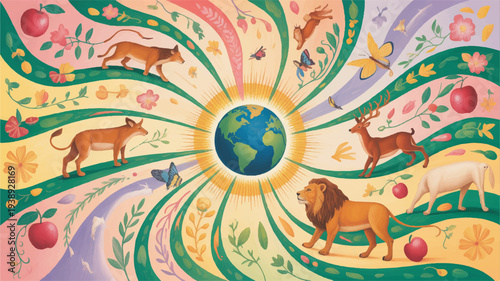 Vibrant illustration of earth surrounded by animals fruits and flowers in a colorful sunburst pattern