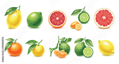 Assortment of Fresh Citrus Fruits Including Lemons Limes Grapefruits Oranges And Mandarins With Green Leaves