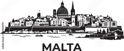 Stunning black and white Malta cityscape illustration