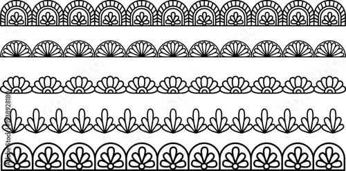Set of wide lace ribbons with print. Black design elements isolated on white background. Seamless pattern for creating style of card with ornaments. Lace decoration template, ribbons for design