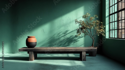 A tranquil minimalist interior showcases a soft pastel green wall, a wooden coffee table, and vibrant potted plants in a bright corner
