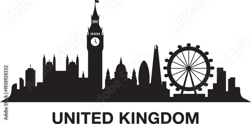 London cityscape with Big Ben and Ferris wheel in silhouette