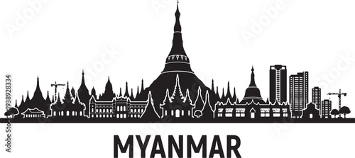 Myanmar city skyline with traditional and modern architecture