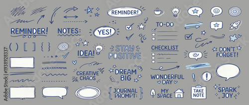 Blue pen scratch doodle and short phrases collection for hand drawn notes, journaling and graphic design. Thin blue marker doodles and scribbles, hand drawn stickers, emphasis vector elements.