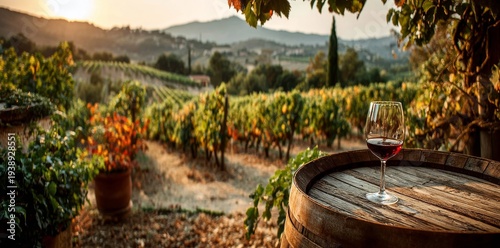 In a picturesque vineyard at twilight, a glass of red wine rests on a wooden barrel, while grapes and autumn leaves add to the charming tableau