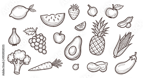 Hand drawn collection of fresh fruits and vegetables in sketch style isolated on white background healthy food ingredients