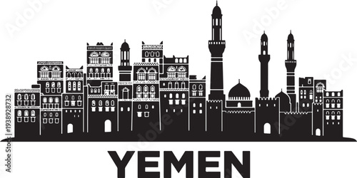 Stunning Yemen cityscape silhouette with traditional architecture