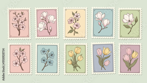 Vintage Floral Postage Stamps Collection - Delicate Blossoms and Tulips