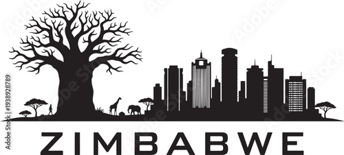 Zimbabwe cityscape silhouette with wildlife and tree