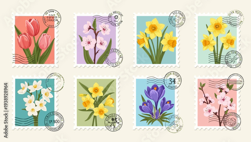 Spring Flower Stamps: Tulips, Daffodils, Crocuses and Cherry Blossoms