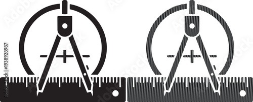 Two compasses and a protractor aligned on a straightedge for geometric precision measurements
