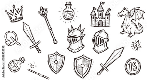 Fantasy medieval kingdom elements for games and stories including dragon castle crown sword shield potion and armor