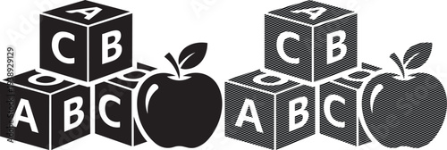 Block letters and apples representing the word combination of cbc with abc blocks