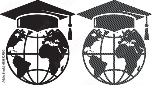 Graduation caps atop globes symbolizing worldwide education achievements and academic success