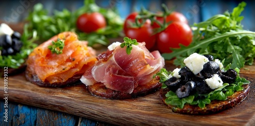 A delectable collection of gourmet appetizers, comprised of savory cured meats, creamy cheeses, vibrant cherry tomatoes, and briny olives, artfully set on a rustic wooden board for an elegant