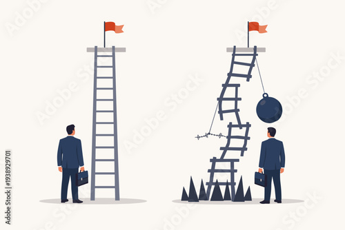 Businessman Choosing Between Easy and Difficult Career Paths, Straight Ladder vs Broken Ladder with Obstacles like Wrecking Ball and Spikes, Concept of Ambition, Success, and Business Challenges.
