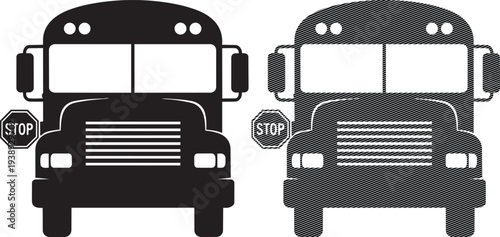 Two school buses facing forward with distinct front designs and school markings