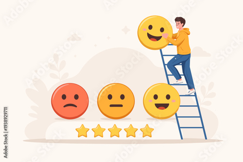 Customer Satisfaction Feedback and Appreciation Rating with Positive Score. Man on Ladder Placing Happy Emoji Face Above Five Stars for Review, User Experience, and Excellent Service Quality.