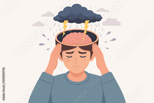 Mental health concept illustration of a sad man with an open head and brain under a dark storm cloud with lightning and rain, symbolizing depression, anxiety, stress, and emotional distress.
