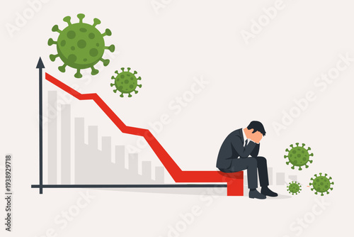 Economic Problem in L Shape Long Term Recession or Great Depression from Coronavirus COVID-19 Crash. Sad Businessman Sitting on Falling Stock Market Graph with Virus Cells. Global Financial Crisis.